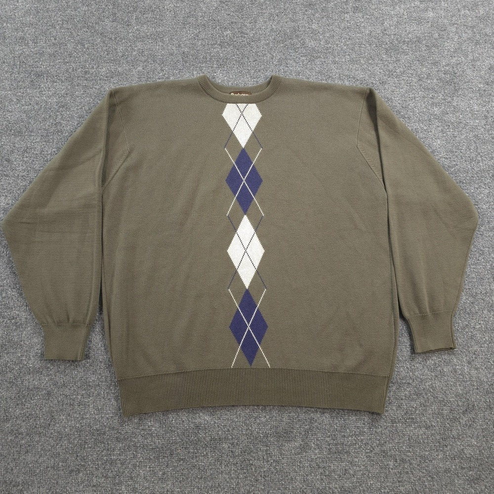 Barbour Sweater Mens 2XL Green Cotton Cashmere Knit Argyle Made In Scotland
